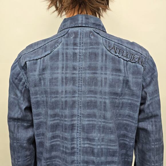 Affliction Black Premium Shirt Blue Plaid Long Roll tab Sleeves Dual Pockets L - Picture 9 of 13